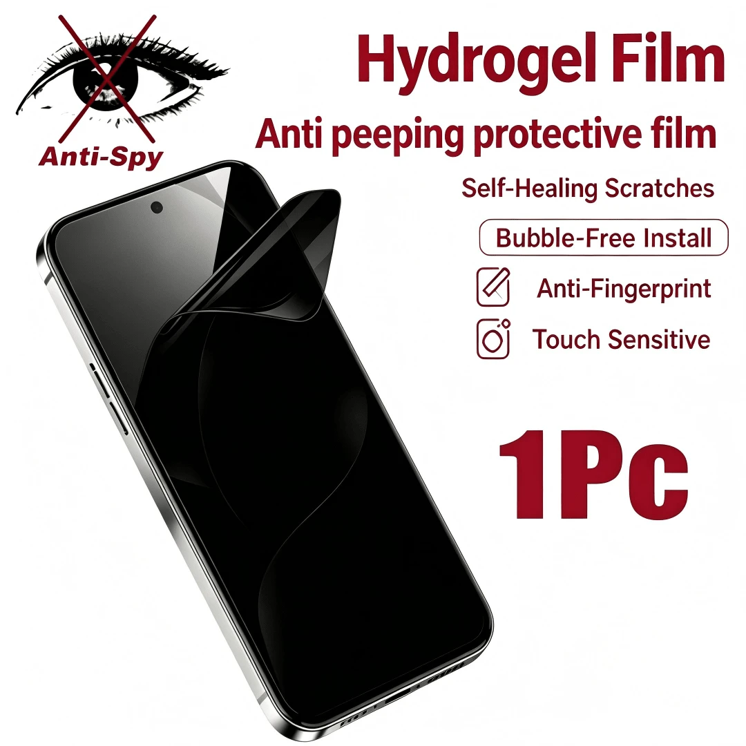 1 buah Pelindung Layar Hidrogel Anti-Intip, Perlindungan Privasi, Pelindung Layar Cakupan Penuh, Film Ponsel Tahan Aus dan Tahan Lama, Kompatibel dengan iPhone 17 Pro Max/17 Air/17/17E/16 Pro Max/16 Plus/15/14/13/12/11/XS Max7, Film Hidrogel Non-Kaca, Gunakan dengan Kartu Pengikis - Hitam - View 1