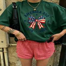 Heartfelt Daily Casual Graphic T-Shirt 100% Cotton Oversized Soft Breathable Casual Crewneck Short Sleeve Top Cute Aesthetic Red Checkered Shorts Street Style Fashion Lovers Casual Wearers Daily Outfit Enthusiasts Gift Givers Holiday Gift  Basic - 綠色 - 查看 18