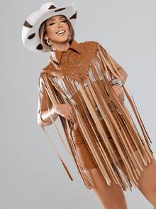 Laiza Fringe And Studded Cape - Camel - Ver 3