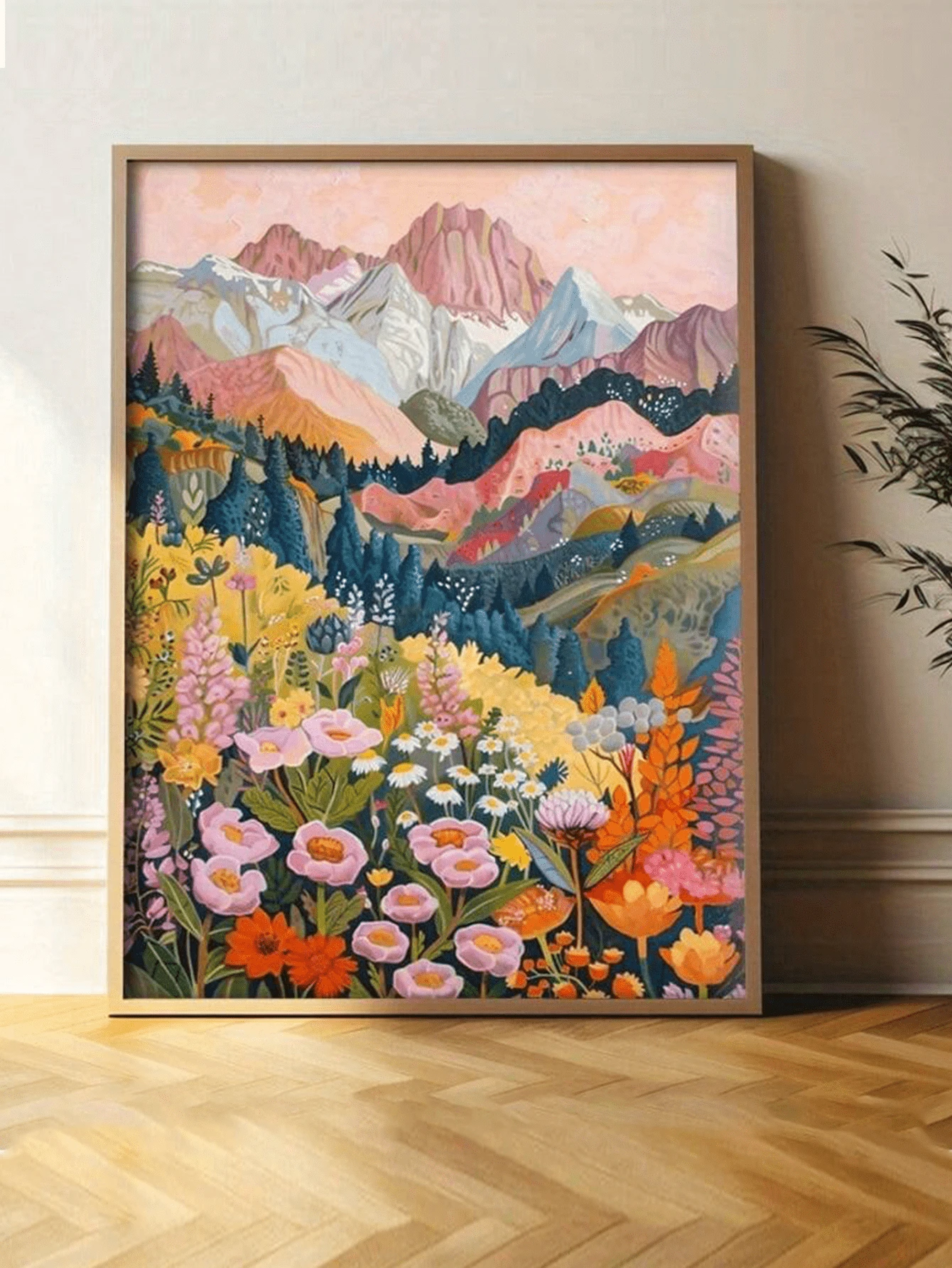 1幅装裱帆布墙画,抽象山水花卉风景海报,色彩缤纷的山景植物印花,柔和色调简约墙画海报,现代家居、办公室、浴室、卧室、宿舍装饰画,生日、毕业礼物 - 彩色 - 查看 1