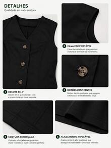K&K FASHION Conjunto Feminino suede sarjado Colete com Botões e Calça Flare Elegante 2 Peças - Preto - Visão 5
