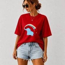 G Studio Camiseta Mujer Diseño Elefantito Kawaii Moda Aesthetic para Mamá e Hijos Oversize - T01-Rojo - Ver 1