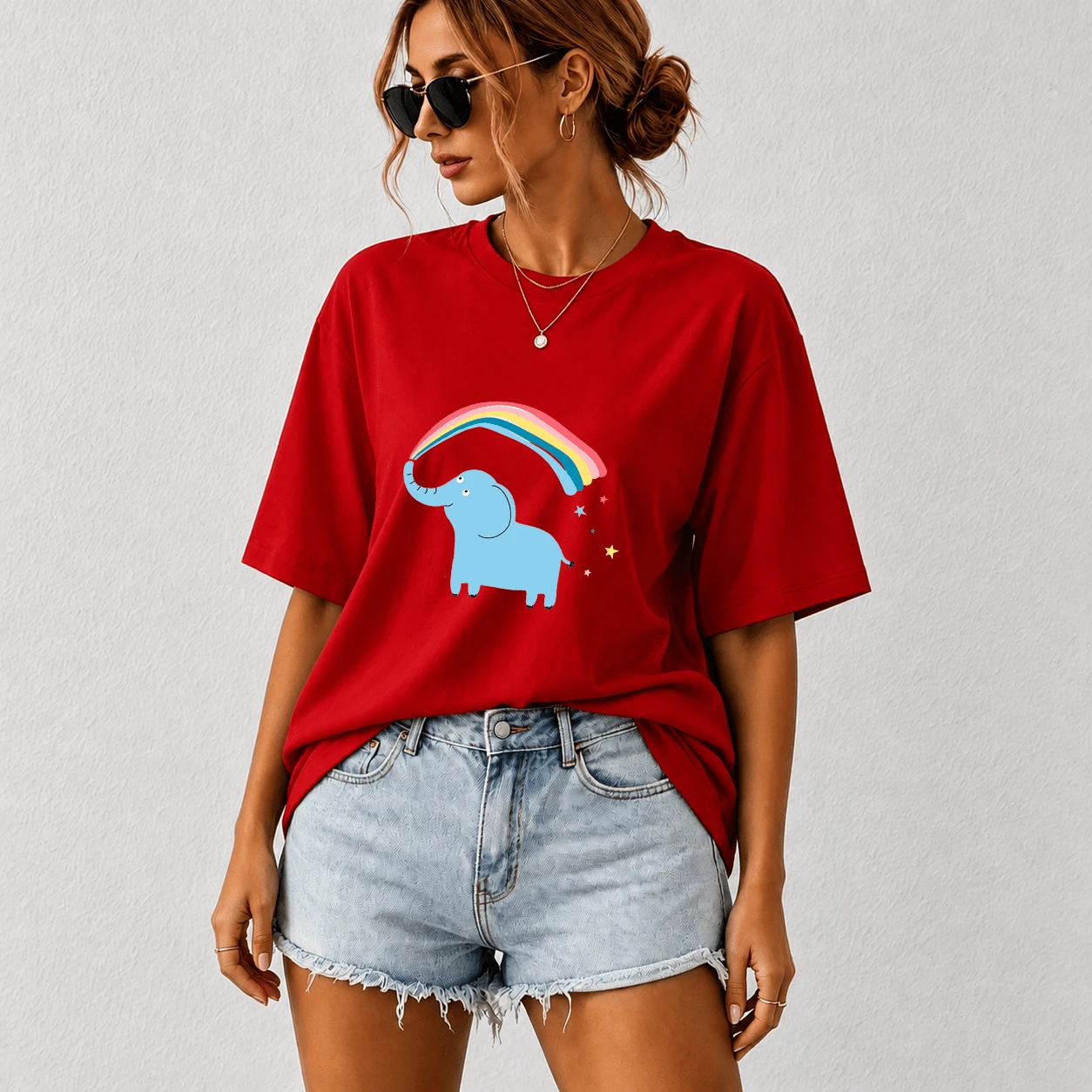 G Studio Camiseta Mujer Diseño Elefantito Kawaii Moda Aesthetic para Mamá e Hijos Oversize - T01-Rojo - Ver 1