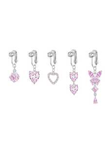 1-5pcs Elegant Pink CZ Butterfly Dangle Clip-On Belly Ring, Silver Plated No-Piercing Navel Ring For Women, Beach & Party Jewelry - Pink - View 7