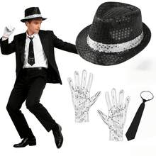 Conjunto de 3 Peças de Acessórios de Fantasia de Dançarino dos Anos 80 com Lantejoulas, Inclui Chapéu com Lantejoulas, Luvas com Lantejoulas e Gravata da Moda, Adequado para Adultos Assistirem ao Carnaval, Halloween ou Festa Disco Retrô dos Anos 1980 - Multicolorido - Ver 5