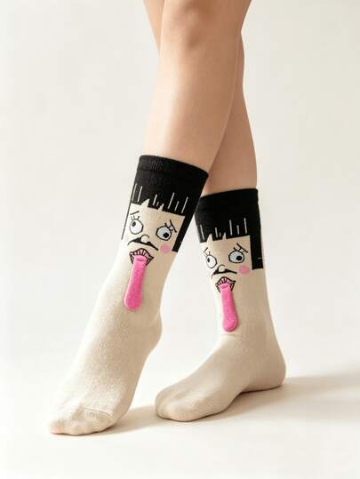 1/2 Pairs All-Season Wearable Funny Abstract Ugly Face Tongue Out Straight Socks