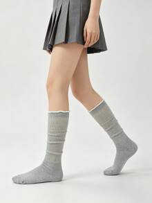 1/4 Pair Summer Thin Minimalist Versatile Solid Color Breathable Ruffle Edge Slouchy Knee High Socks - Multicolor - View 9