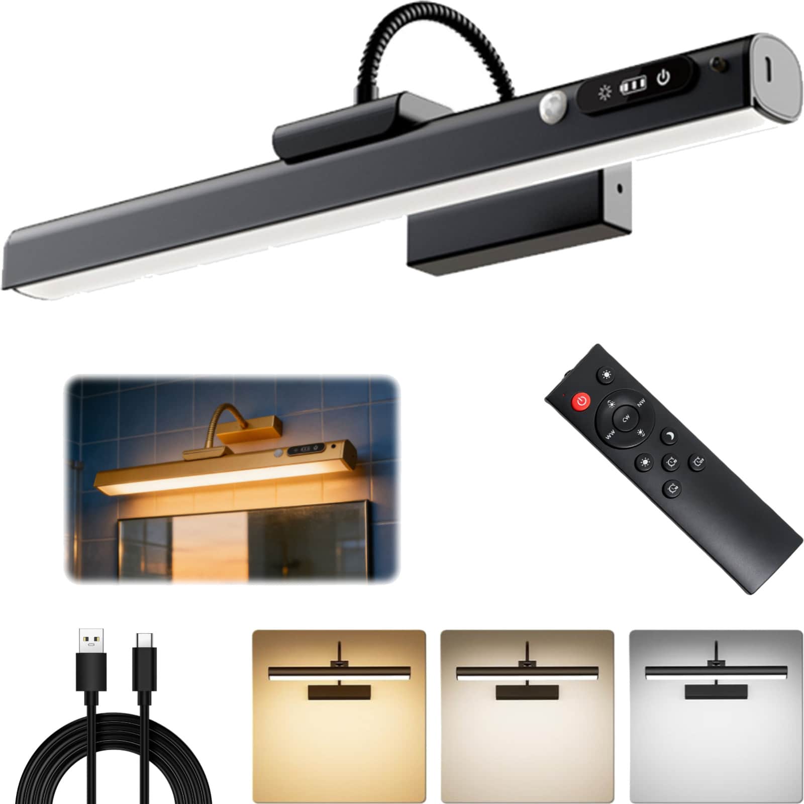 40cm Magnetic Wall Picture Light With Adjustable Color Temperature And Brightness, Rechargeable 10w LED With Remote Control For Paintings, Posters, Mirrors, Portraits - Black - View 1