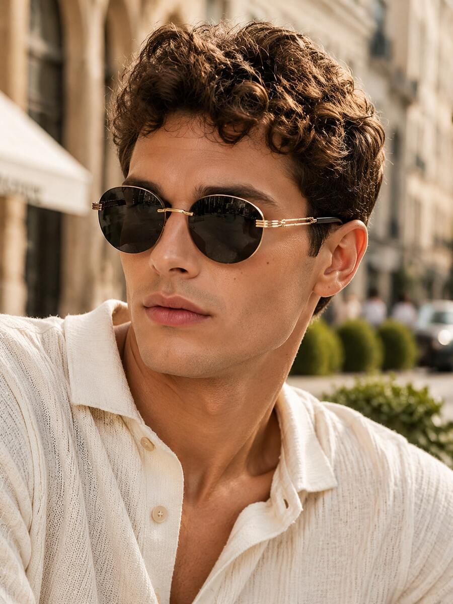 Men's Oval Sunglasses, Thin Gold Metal Frame With Pure Black Lenses, Vintage Retro Glasses, Suitable For Daily Driving And Street Outings - Multicolor - View 1