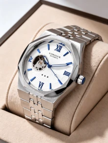 LONGLUX 1pc Men's Automatic Mechanical Watch, Hollow Dial With Roman & Mixed Numerals, Luxury Business Style, Stainless Steel Band, Suitable For Daily Wear And Holiday Gift - White - View 2