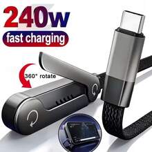 240W High Power Fast Charging Foldable Stand Type-C Braided Data Cable, Multifunctional All-In-One Portable Phone Support Base, Bend-Resistant And Wear-Resistant Braided Cable, High-Speed Flash Charging Cable, Widely Compatible With IPhone 15/16/17 Pro Max And All Series Type-C Interface Apple Phones - Black - View 1