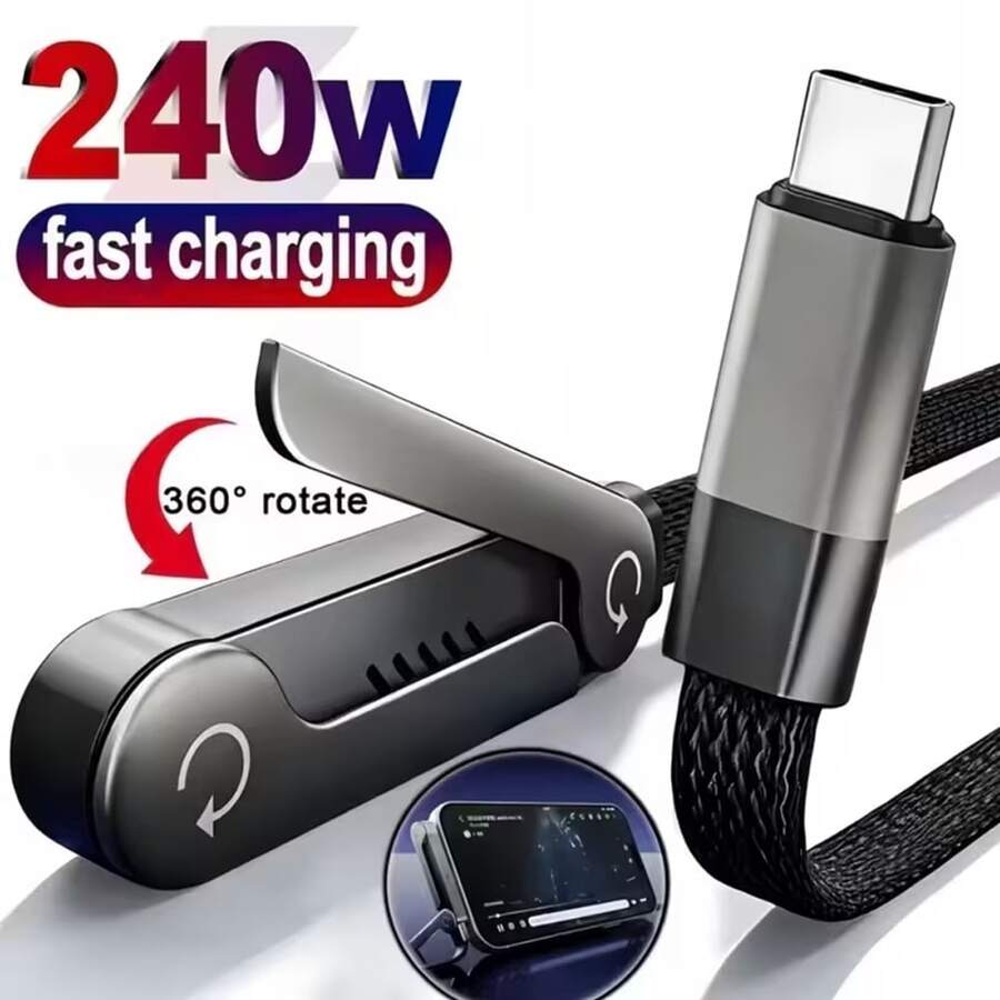 240W High Power Fast Charging Foldable Stand Type-C Braided Data Cable, Multifunctional All-In-One Portable Phone Support Base, Bend-Resistant And Wear-Resistant Braided Cable, High-Speed Flash Charging Cable, Widely Compatible With IPhone 15/16/17 Pro Max And All Series Type-C Interface Apple Phones - Black - View 1