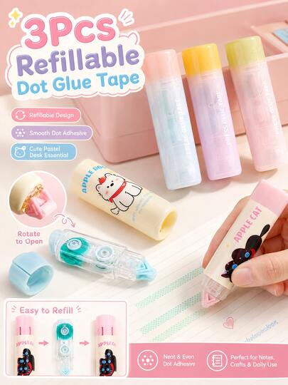 3 Packs Rotatable Refillable Dot Glue Tape, Diamond Grid Double Sided Adhesive Tape, Kawaii Cartoon Glue Runner For Student Journal, Scrapbooking & Office Craft Stationery