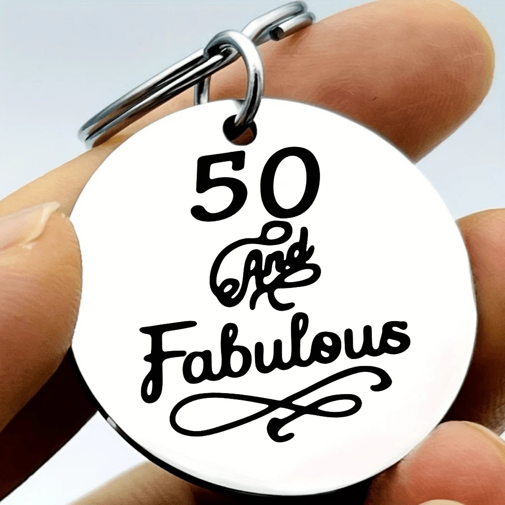 1pc Engraved Stainless Steel Keychain "50 And Fabulous" ", Elegant 50th Birthday Gift For Women Ladies Turning Fifty, Nice Party Favor Present From Family Friends, Durable Round Metal Car Key Accessory For Daily Carry - A - View 1