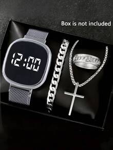 Set Jam Tangan Elektronik LED Persegi Pria 4 Buah, Gelang Rantai Kuba + Kalung Salib + Cincin Berpilin, Aksesoris Punk - MultiWarna - View 10