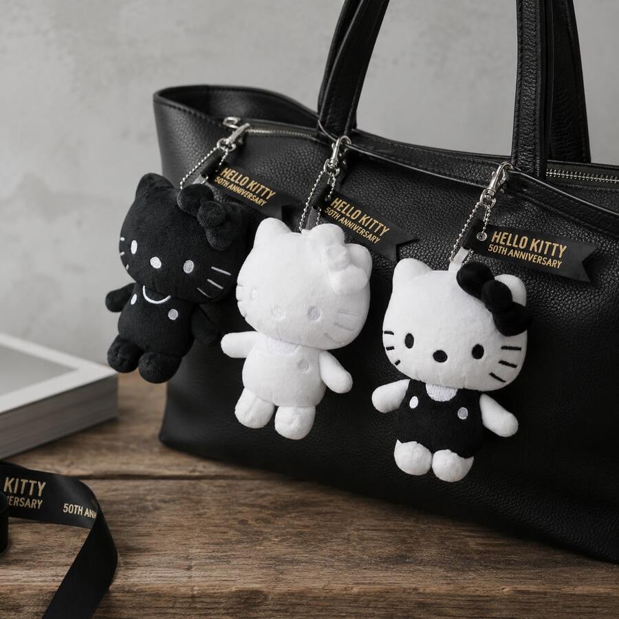 1個 Sanrio Hello Kitty 50週年紀念版黑白絨毛包飾吊飾，可愛KT貓娃娃，日系少女風禮物