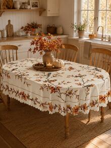 1pc Autumn Bird & Maple Leaf Branch Print Tablecloth, Cream White Vintage Pastoral Style Wavy Edge Dining Tablecloth, Suitable For Kitchen, Dining Room, Family Gathering, Autumn Lunch, Tablecloth For Dining Room, Kitchen Essentials - Multicolor - View 14
