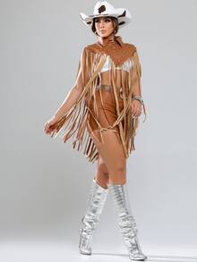 Laiza Fringe And Studded Cape - Camel - Ver 4