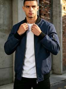 1pc Men's Pilot Jacket Zipper Decor Baseball Collar Casual Outerwear Spring/Autumn Versatile Workwear Jacket - Navy Blue - View 8