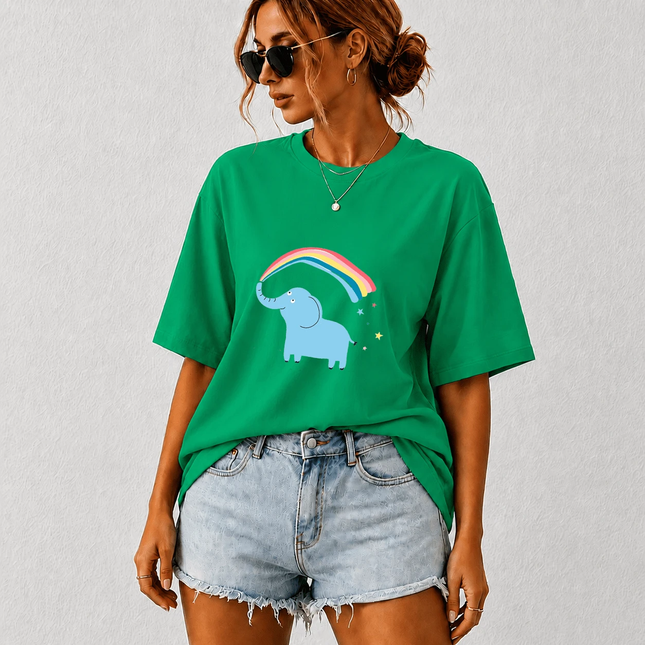 G Studio Women's T-Shirt Kawaii Elephant Design Fashion Aesthetic For Mom And Kids Oversize - T01-綠地 - 查看 1