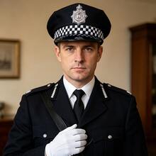 Conjunto de accesorios de sombrero de policía británico, sombrero de oficial de policía a cuadros negros, guantes formales blancos y corbata fácil de usar - Multicolor - Ver 2