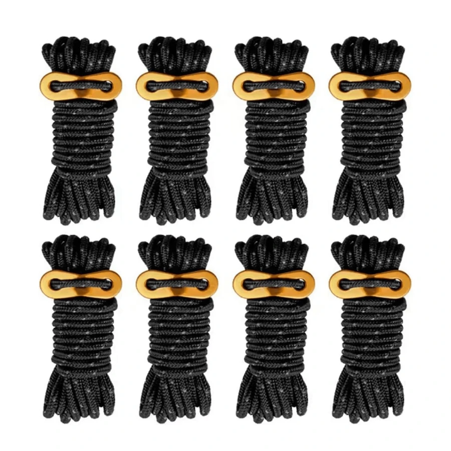 8 Pack High-Reflective Guy Lines, 4mm Ultralight Tent Cords With Aluminum Adjuster Tensioner, High-Strength Outdoor Lightweight Camp Ropes For Tent, Tying Down Tarps, Camping Packaging, Hiking Backpacking (Black)