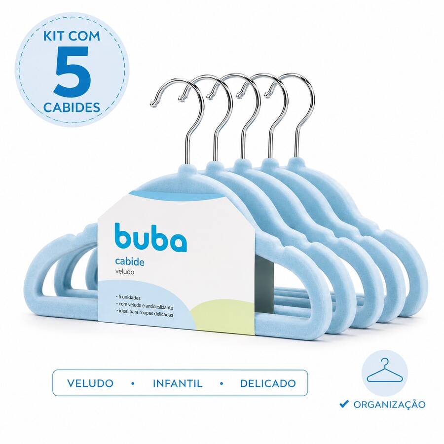 5 Cabides Para Roupas De Bebe em Veludo Rosa ou Azul Menina ou Menino Quarto Infantil Buba - Azul - Visão 1