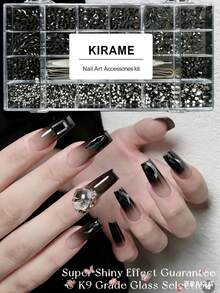 KIRAME 21-Grid DIY Nail Art K9 Glass Black Flat Back Rhinestone Set - 30 High-Gloss Rhinestones Per Grid, Includes 1 Rhinestone Pen, Nail Gems, Nail Salon, Home Manicure, Nail Supplies, Christmas, Summer And Travel Nail Art, Holiday Gift Nail Charms - Black - View 7