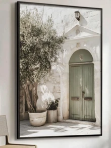 1pc Framed Canvas Wall Art Poster, Italian Architecture & Olive Tree Canvas Print Mural, Modern Style, Suitable For Living Room, Bedroom, Bathroom, Office, Hallway, Kitchen Decor, Home Decor Gift, Spring Decor Gift, Birthday Graduation Gift - Multicolor - View 1