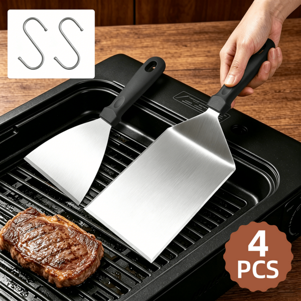 4-teiliges Edelstahl Bratpfannen-Wender-Set, inklusive 2 S-förmigen Haken, rutschfester Griff Metall-Grillwender, schräge scharfe Kante zum einfachen Anheben und Abschaben, multifunktionales Kochwerkzeug, geeignet für Steak, Burger, Teppanyaki, BBQ, Bratpfanne und Heimküchengebrauch