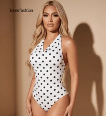 Body Top Halter Mujer Estampado Polka Dots Lunares Moda con Fruncido Delantero y Espalda Abierta Descubierta, Body Elegante Sexy y Fresco que Estiliza y Moldea la Figura, Diseño Halter - Blanco - Ver 3