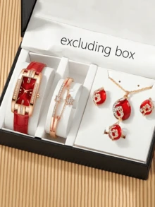 6pcs/Set Quartz Small Watch, Square Roman Numeral Dial, Vintage Dress Watch - Red - View 4