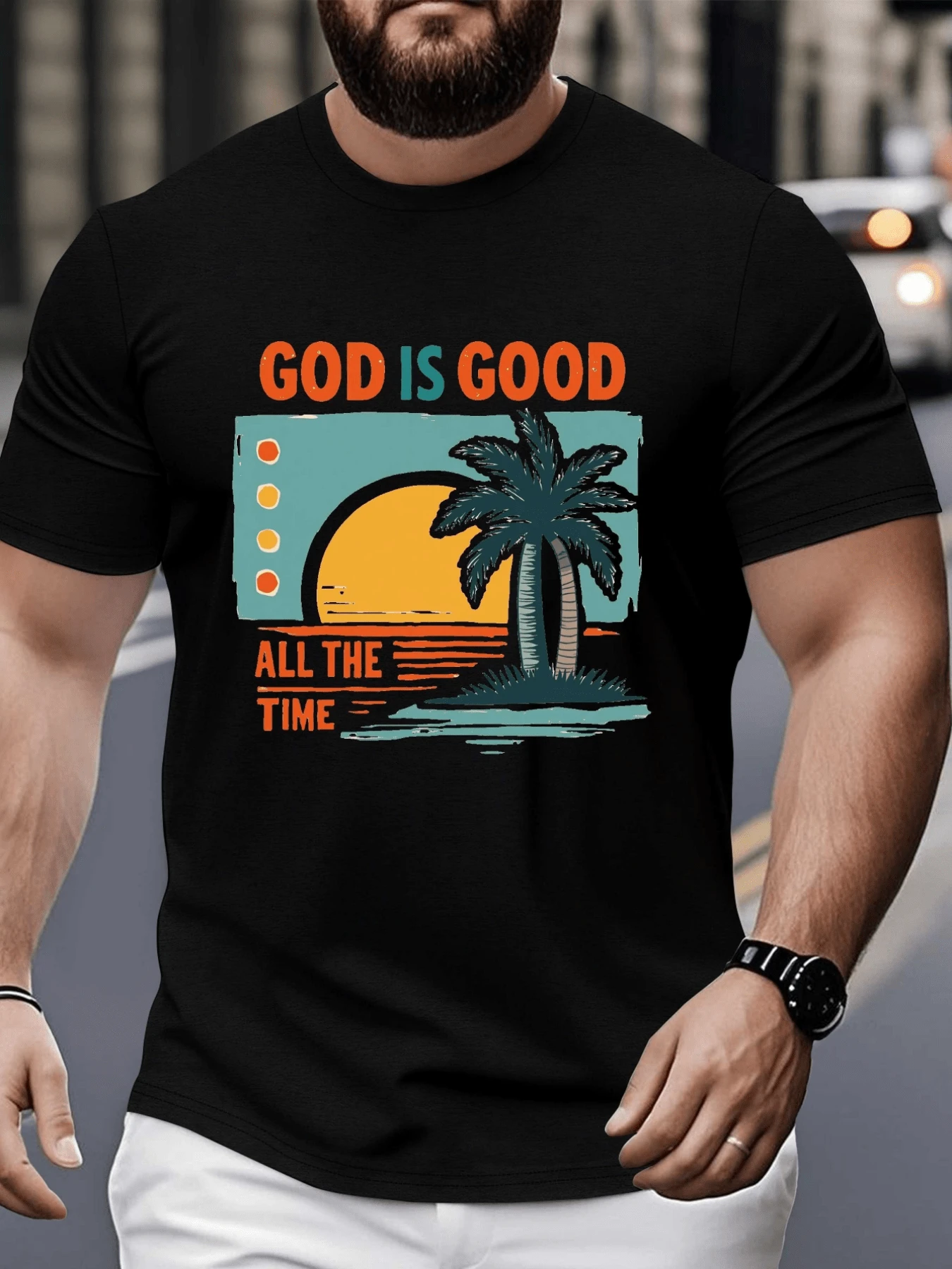 Atardecer tropical con palmera y sol brillante simbolizando fe y esperanza eterna en esta gran camiseta de hombre casual - Negro - Ver 1