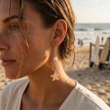 1 par de pendientes colgantes de estrella de mar | pendientes colgantes de concha de ola de playa | joyería de declaración bohemia de verano - Multicolor - Ver 5