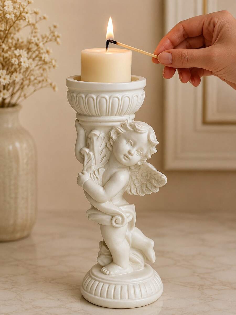 European Retro Cream White, Winged Cherub Pillar Shape, Carved Roman Base & Scroll Wing Detail, Pillar Candle Stand For Table Decor, Wedding Centerpiece, Valentine & Christmas Gift - Angel - View 1