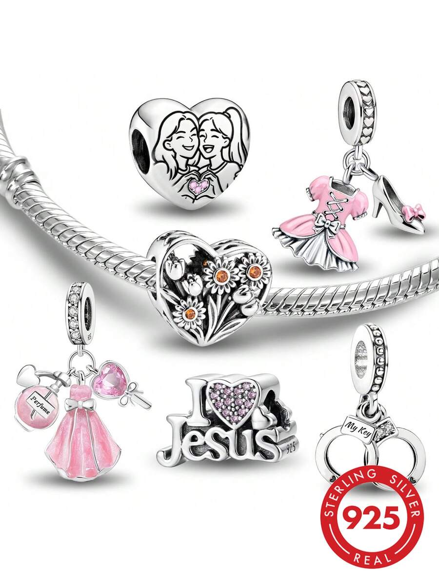 1 Stück 925er Sterlingsilber Cut Out Blumen-Herz-förmige Perlenkette, geeignet für Armbänder, Armreifen, DIY-Schmuckherstellung und tägliche/Muttertags-Dekoration, Schmuckdekoration für Frauen und Mädchen - Satz 1 - Übersicht 1
