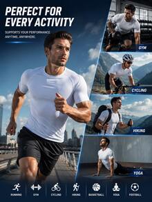 Men's Tight Fit High Elasticity Muscle Short Sleeve T-Shirt - Tight Fit Short Sleeve Top, Machine Washable Solid Color Sports Fitness & Casual Wear, Suitable For Summer | Fashion Design | Lightweight Polyester Elastic Fabric - White - View 5