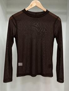 Long-Sleeved Tulle Blouse In Pastel Candy Colors, Spring Color Block. - Coffee Brown - View 2
