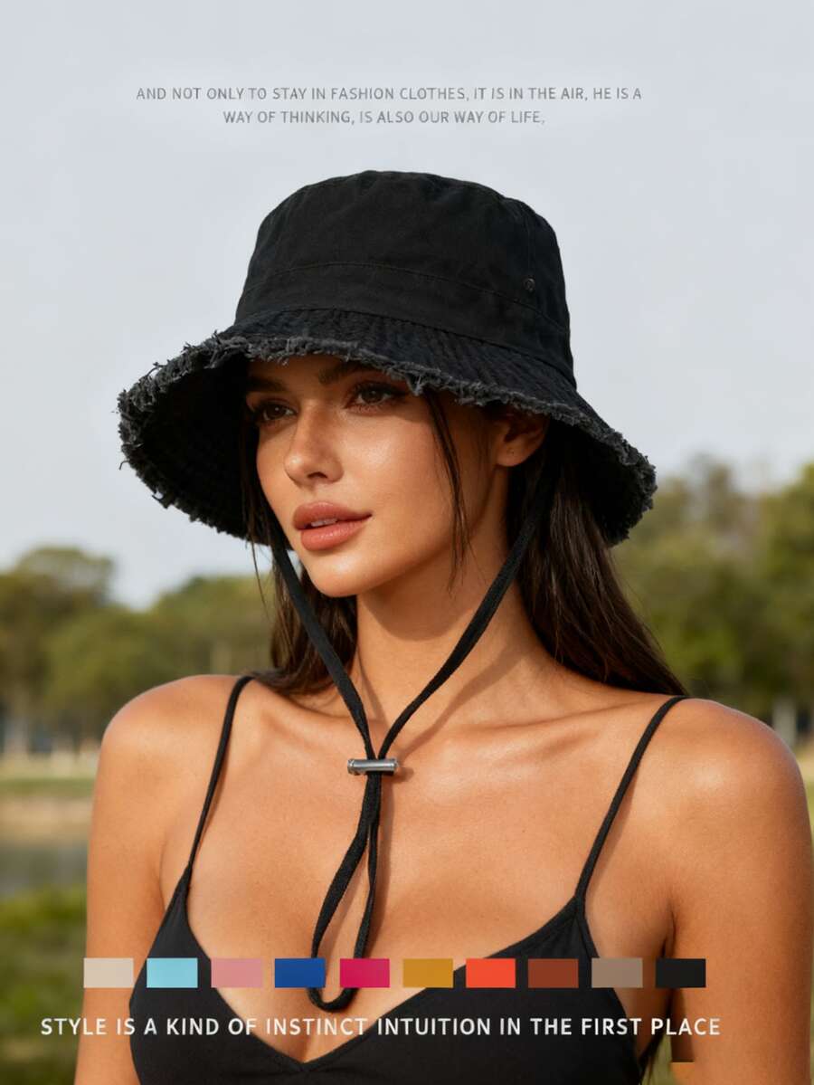 1pc Women's Trimmed Bucket Hat, Distressed Effect, Soft Fabric, Sun & Wind Protection, Fashionable & Versatile, Suitable For Travel, Beach, Vacation, Daily Casual Wear - Multicolor - View 1