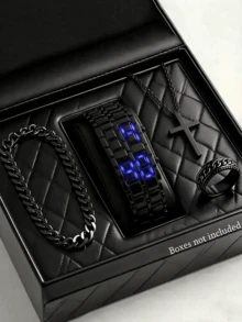 2pcs/Set Fashion New Business Men's Stainless Steel Strap LED Electronic Watch Suitable For Daily Decoration - Black - View 3