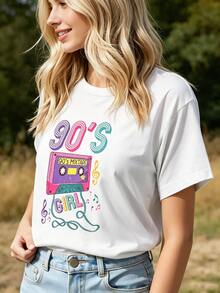 Sommer Tops im koreanischen Stil T-Shirt mit Audio-Kassetten-Grafik aus den 90ern 100% Baumwolle Retro-90er-Stil kurze Ärmel, nostalgischer Vintage-Look ideal für eine 90er-Party Geschenk für Retro-Musik-Fans - Weiss - Übersicht 3