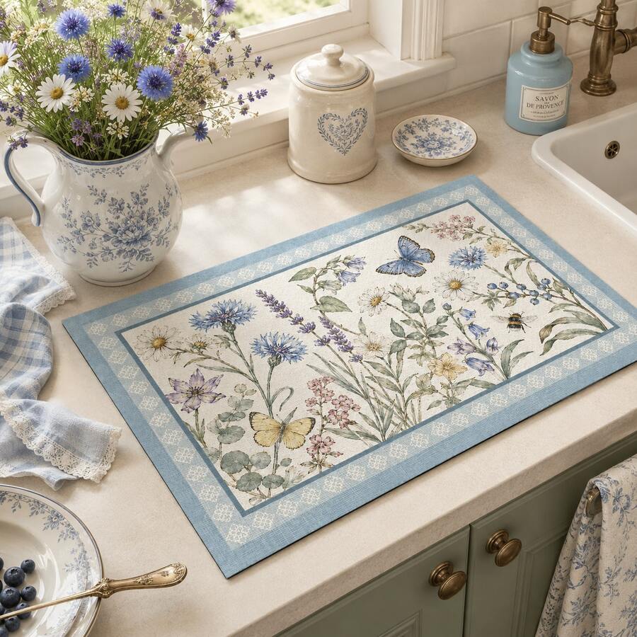 1pc Floral Pattern Absorbent Drying Mat, Kitchen Decor Coffee Machine Mat, Hand Drip Coffee Pot Drip Tray, Kitchen Floor Mat, Table Mat, Kitchen Countertop Dish Drying Mat, Breakfast Mat, Heat-Resistant Drip Tray With Non-Slip Backing, Diatomaceous Earth Drip Tray, Stain-Hiding, Super Absorbent Kitchen Drip Tray, Easy-To-Clean Dish Rack Mat, Perfect For Kitchen, Dining Table, Coffee Shop, Bar, Holiday, Party, Home Decor, Holiday Gift - Multicolor - View 1