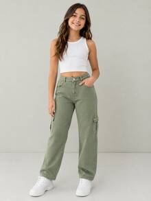 Youth Wide Leg Cargo Pants - 橄欖綠 - 查看 1