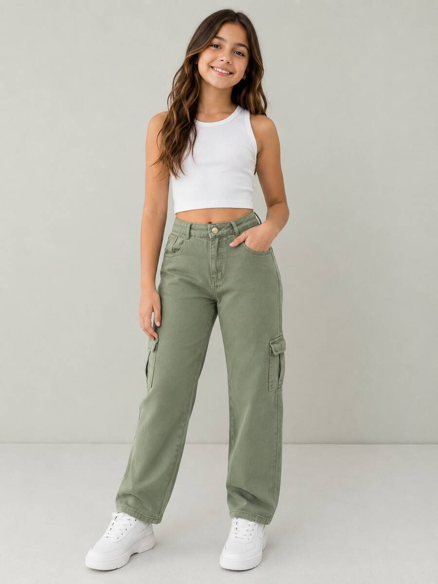 Youth Wide Leg Cargo Pants - 橄欖綠 - 查看 1