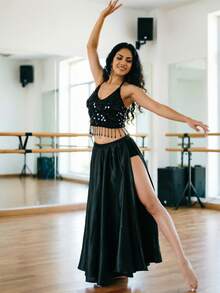 Boho Beaded Floral Halter Top With Back Knot, Shiny Satin Double Split Long Skirt For Festival & Carnival Party - Multicolor - View 17