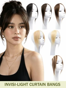 Curtain Bangs Invisi-Light Human Hair Face-Framing Lace Side Bangs Natural Straight Hair Fringe No Clip-In Hair Extensions Forehead Coverage Brown/Blonde Suitable For Daily Wear, Party Quick Hairstyle Change Seamless Breathable - Multicolor - View 3