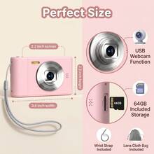 FUNNY PANDA Pink Digital Camera, 44MP 1080P Vlogging Camera With 16X Zoom, 2.2 Inch Screen, Self Timer, Webcam Mode, Plug And Play, 64GB Card Included, Ultra Lightweight Compact Retro Design - View 2