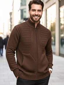 Suéter Masculino Blusa De Frio Casaco Com Bolso e Zíper Lã Tricot - Marrom - Visão 2