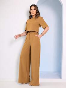 Women's Blouse And Wide-Leg Pants Set - 焦糖色 - 查看 2