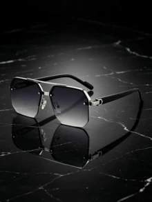 1 Pair Men's Square Double Bridge Aviator Sunglasses, Cool Metal Texture, Stylish UV Protection, Personalized Fashion, Suitable For Daily Wear, Vacation And Travel - Black, Silver, and Gray - View 3